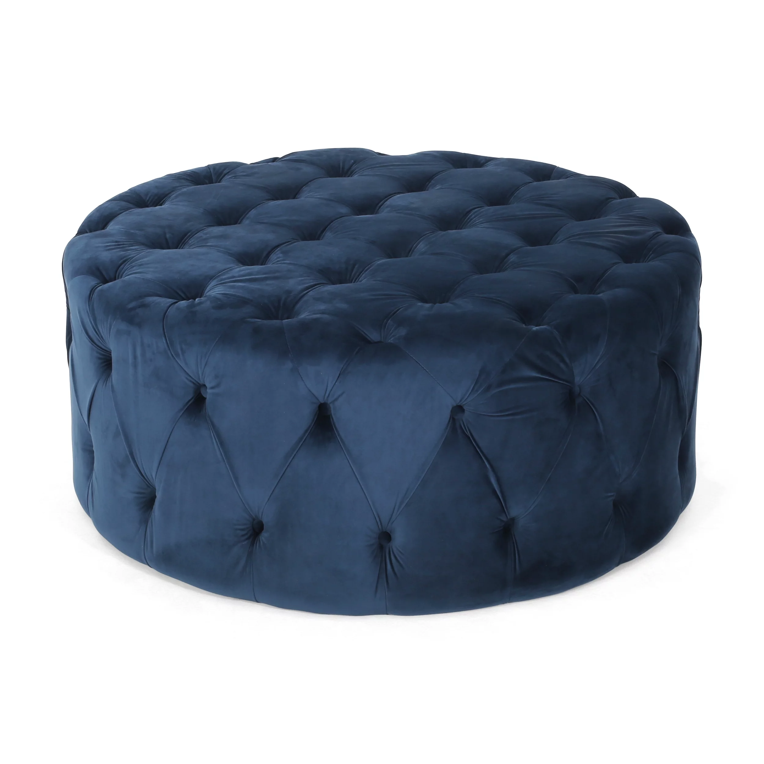 Kaung Modern Glam Round Tufted Velvet Ottoman, Blue