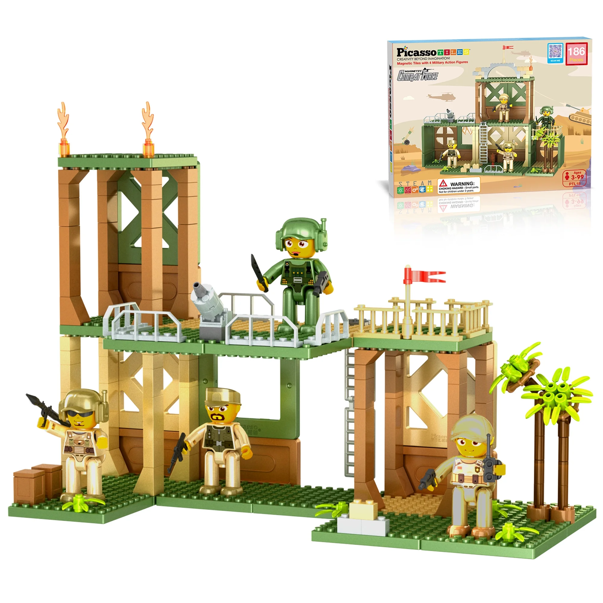 PicassoTiles 186 PC Military Combat Force Theme, Magnetic Tiles and Brick Compatible, Classic Brick, Brick Building Block Set, For Kids 3+