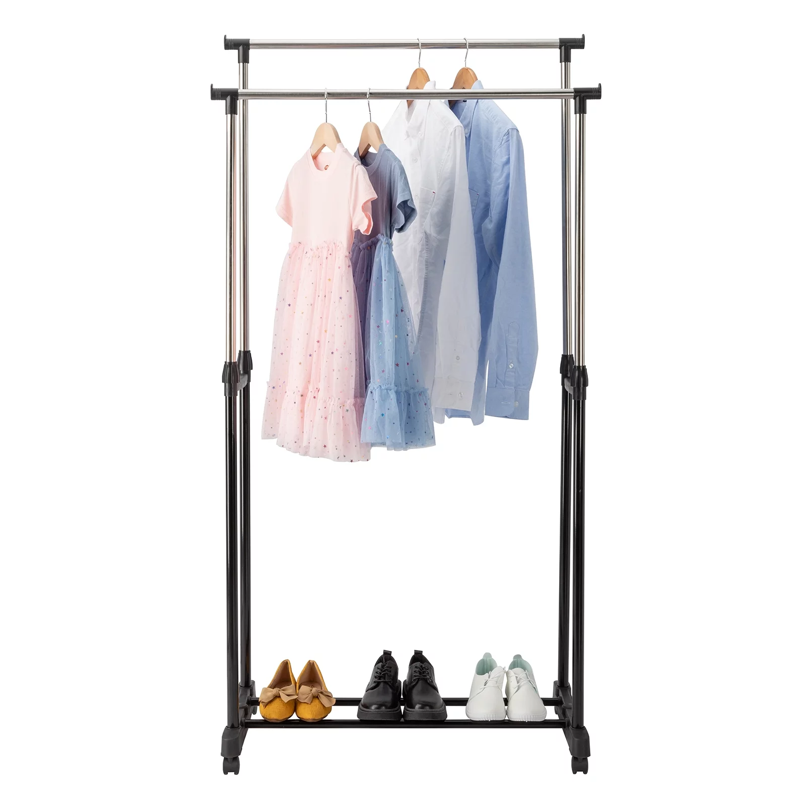 Ktaxon Adjustable Rolling Garment Rack Double Bar Hanger,Black & Silver