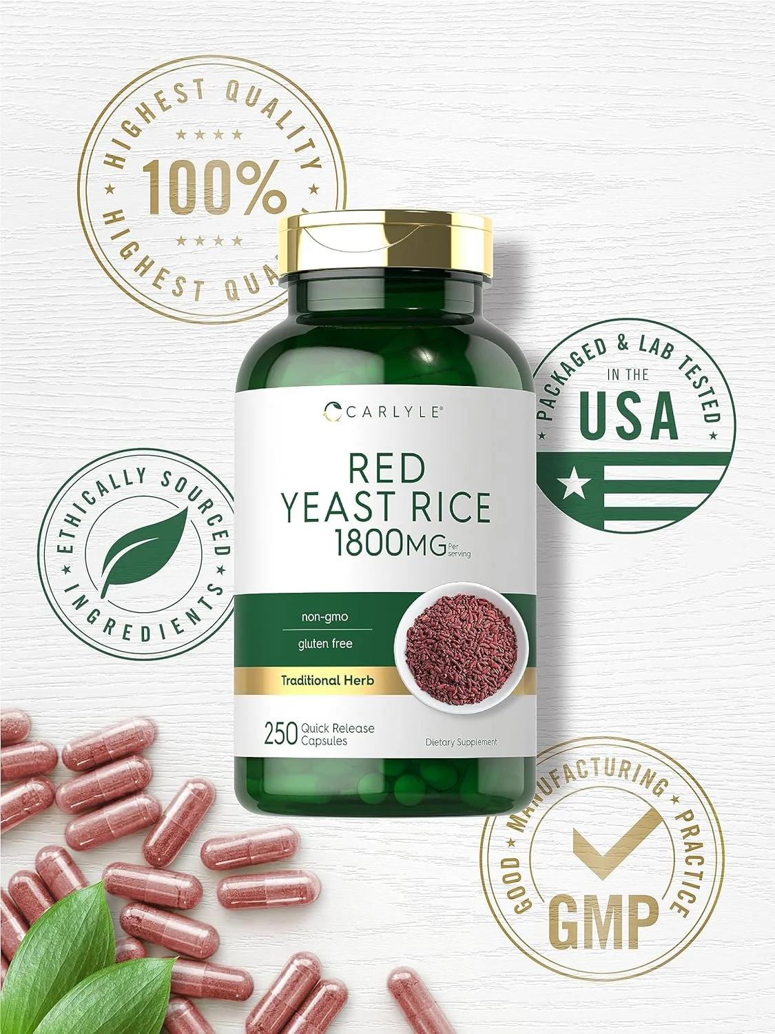 Red Yeast Rice 1800 mg | 250 Capsules | Non-GMO, Gluten Free Supplement | by Carlyle