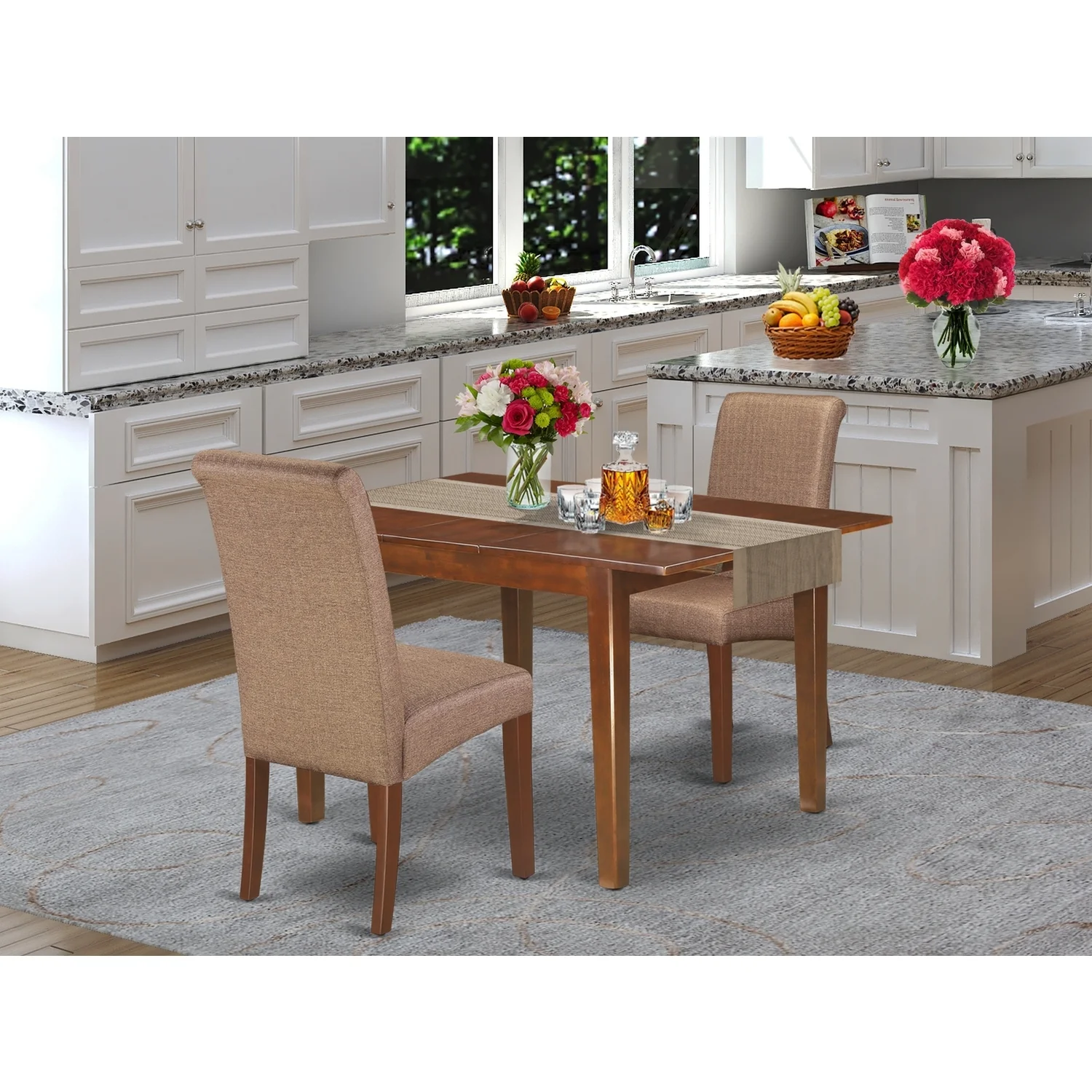 HomeStock Lakefront Luxury 3Pc Kitchen Table With Linen Brown Fabric Parson Chairs With Mahogany Chair Legs