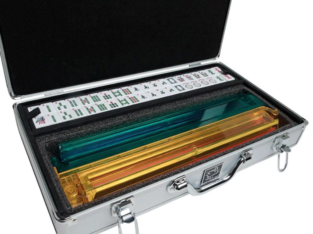 White Swan Mah Jongg - White/Burgundy Tiles - Modern Pusher Arms - Aluminum Case - Silver