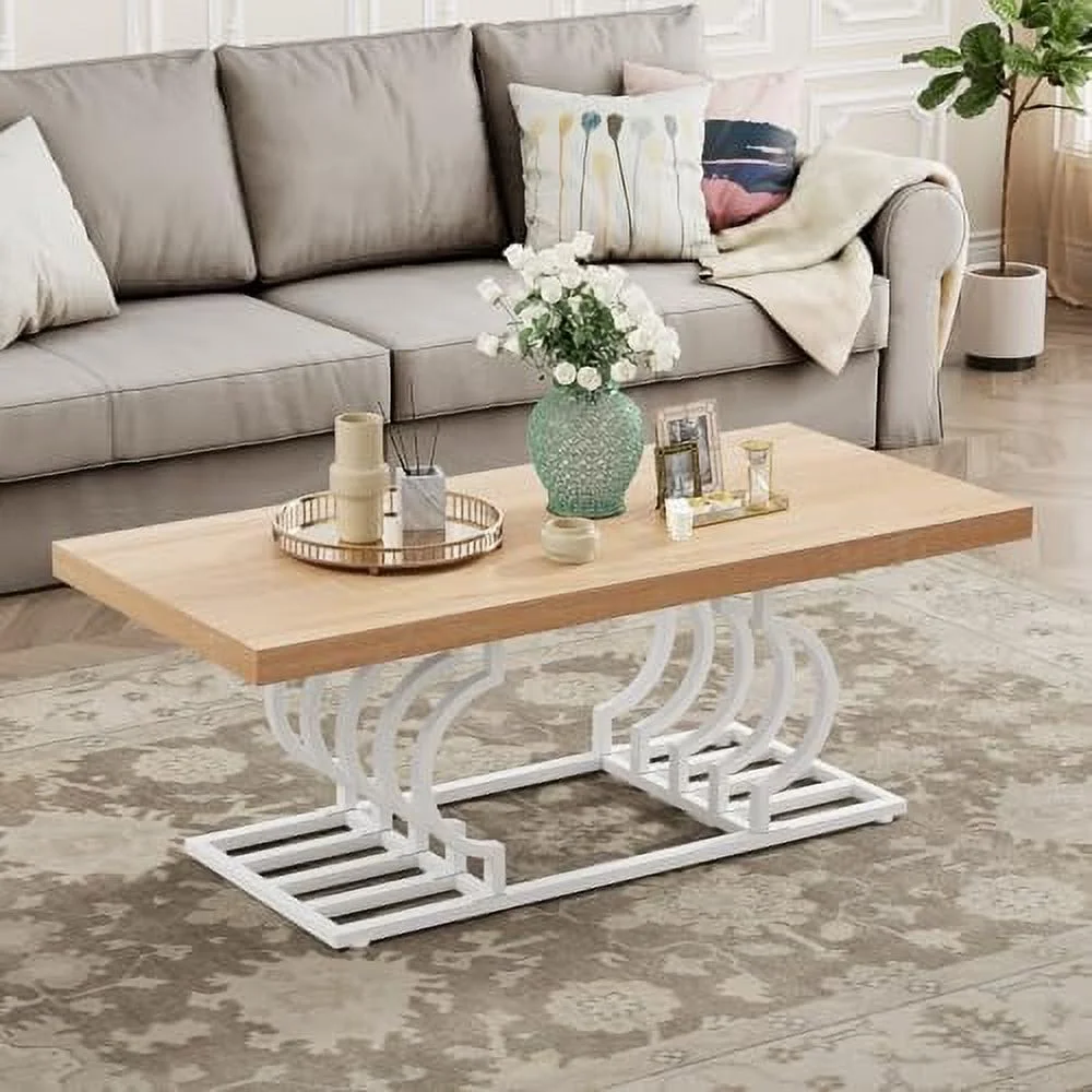 JYHOME Farmhouse Coffee Table  47 Inch Rustic Cocktail Table with Geometric Frame  Rectangular Wood Center Table Tea Table Accent  for Living Room  French Country Decor (White/Natural)