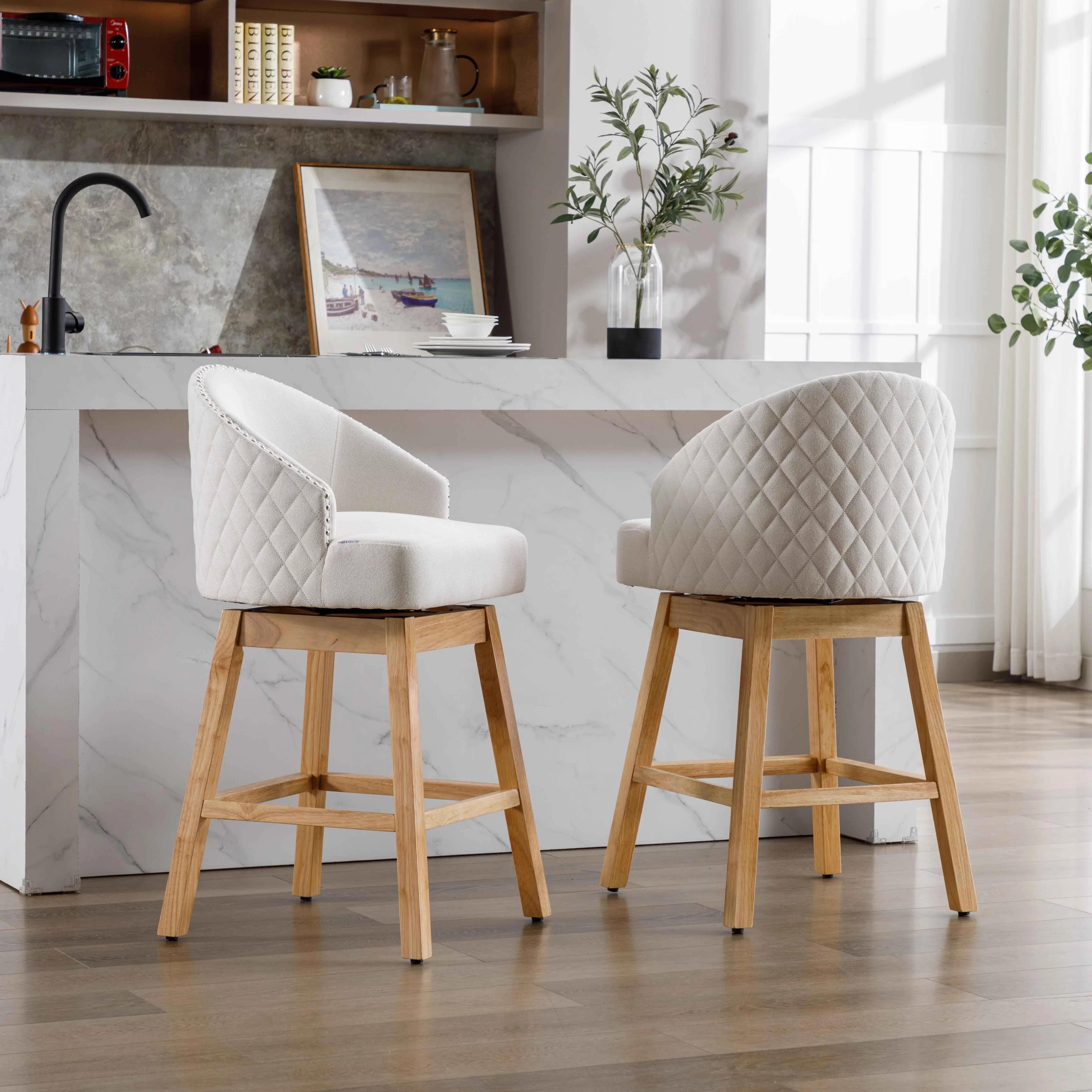 360 Degree Swivel Bar Stools, Counter Height Barstools, Modern Upholstered Bar Stools with Nailhead Trim Bar Chairs, 27 Inch Kitchen Island Bar Chair, Solid Wood Legs(Beige Linen,Set of 8)