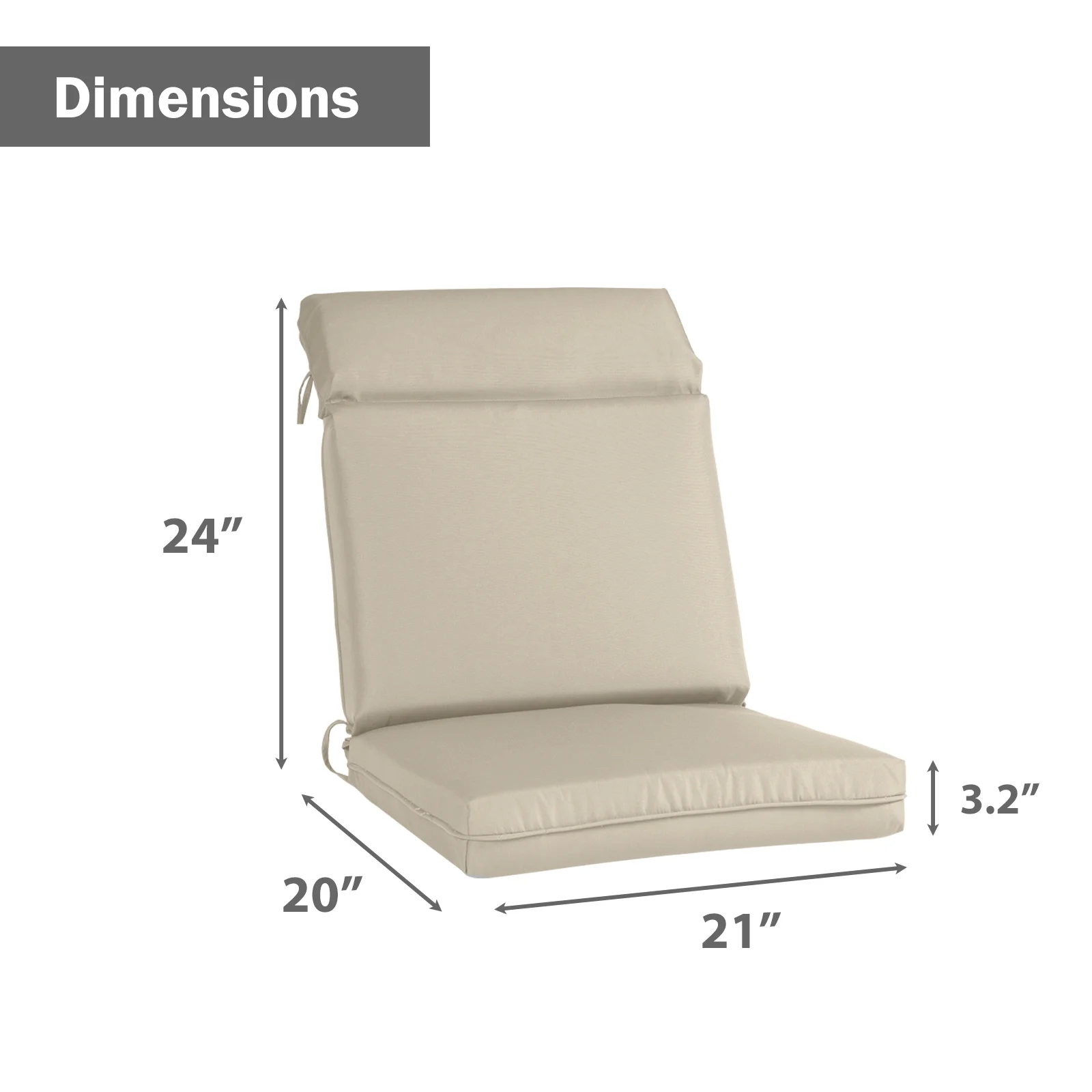 Aoodor 4Pcs Outdoor High Back Dining Chair Cushion Set, Fade and Water Resistant Polyester Fabric Cover with Ties and Zipper, 44''x21''x3.2'' - Khaki