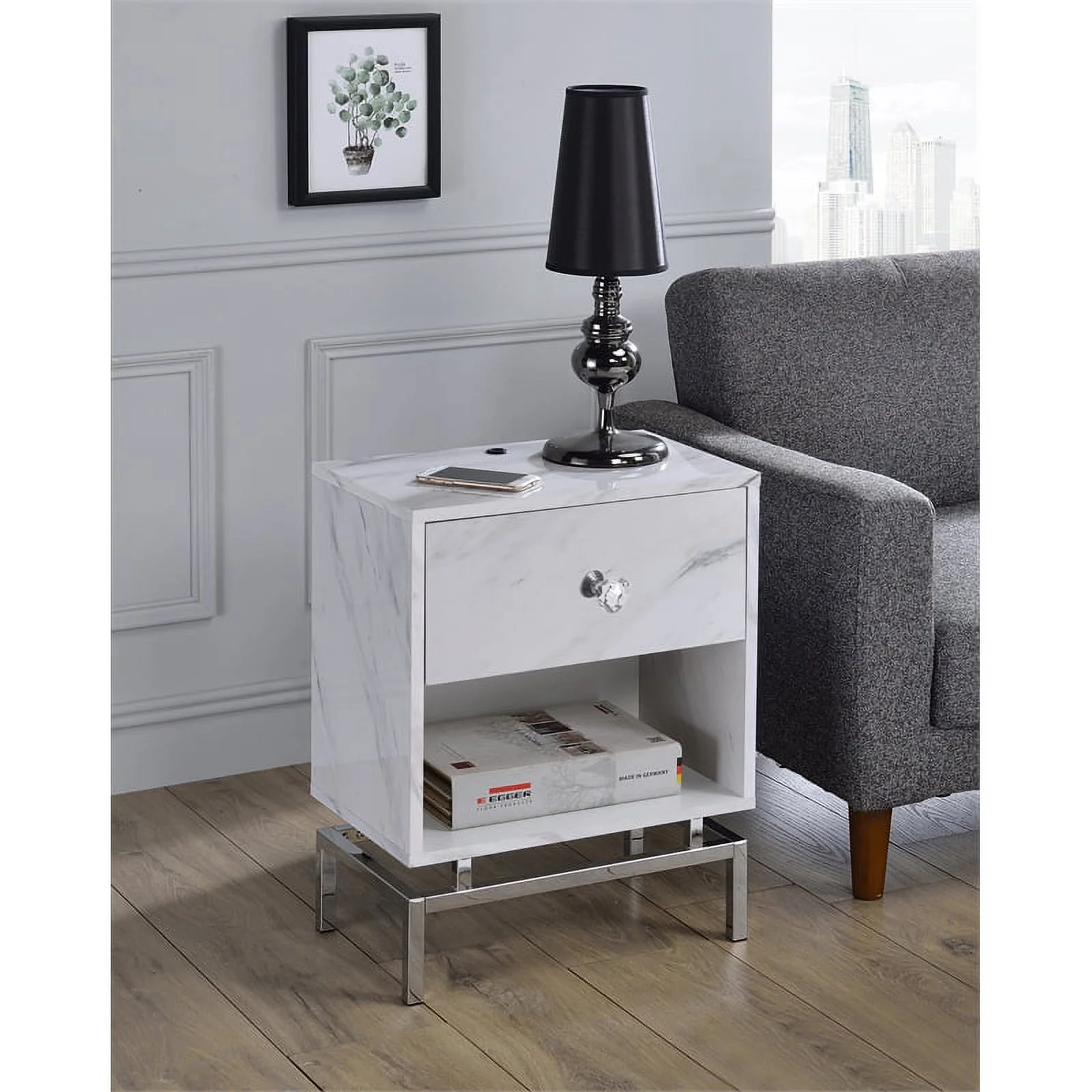 Furniture of America Lyn Contemporary Wood 1-Drawer End Table in White Marble
