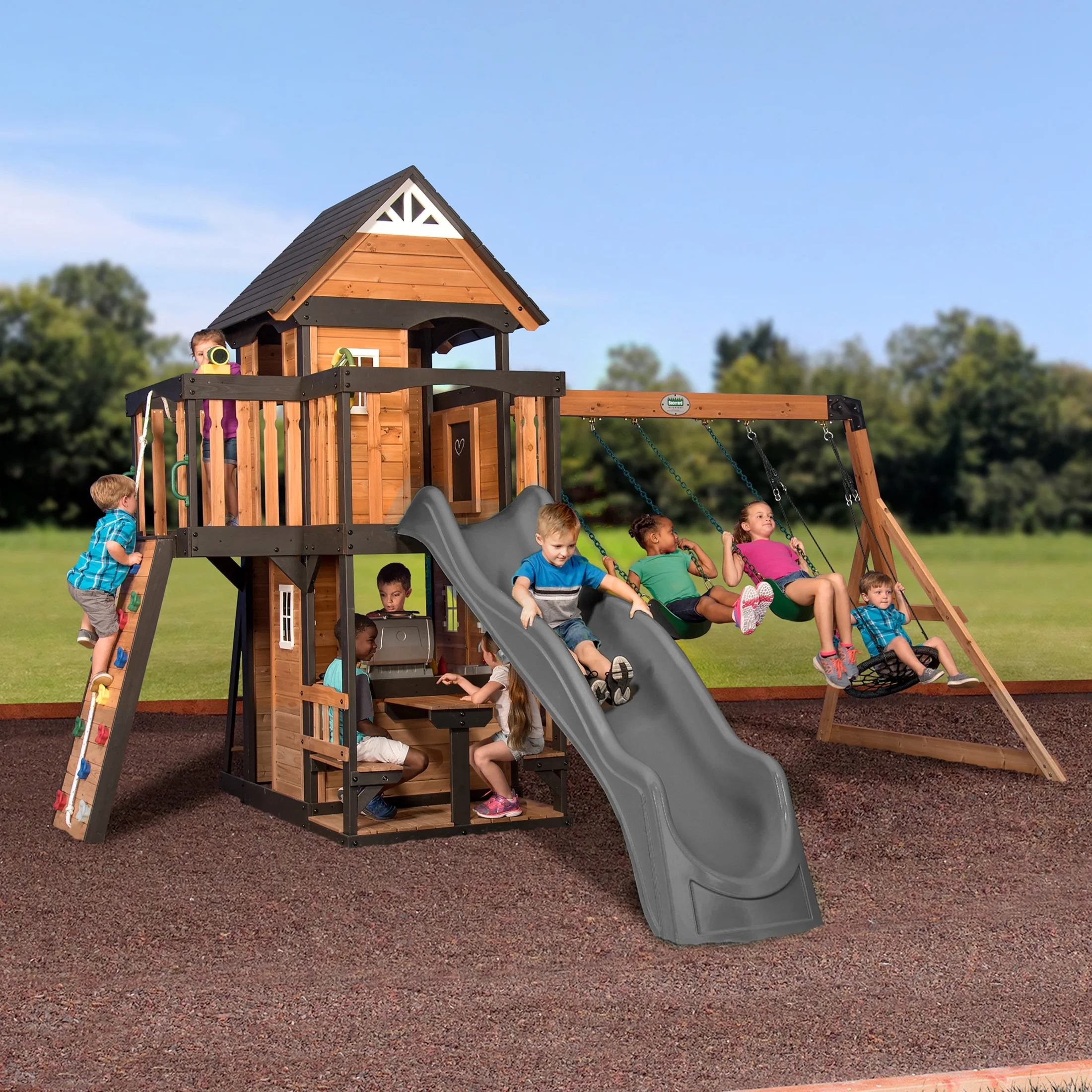 Backyard Discovery Canyon Creek Swing Set With Gray Wave Slide