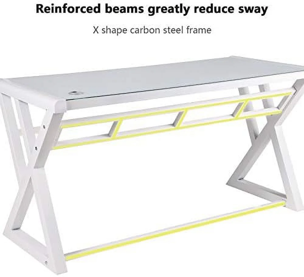 CHNBJN Computer Desk Glass Top and Metal Frame  Desk Table for Computer Desk Gaming Modern Study Office Work Writing Desks Table for Home Office  White (55.1 inch)