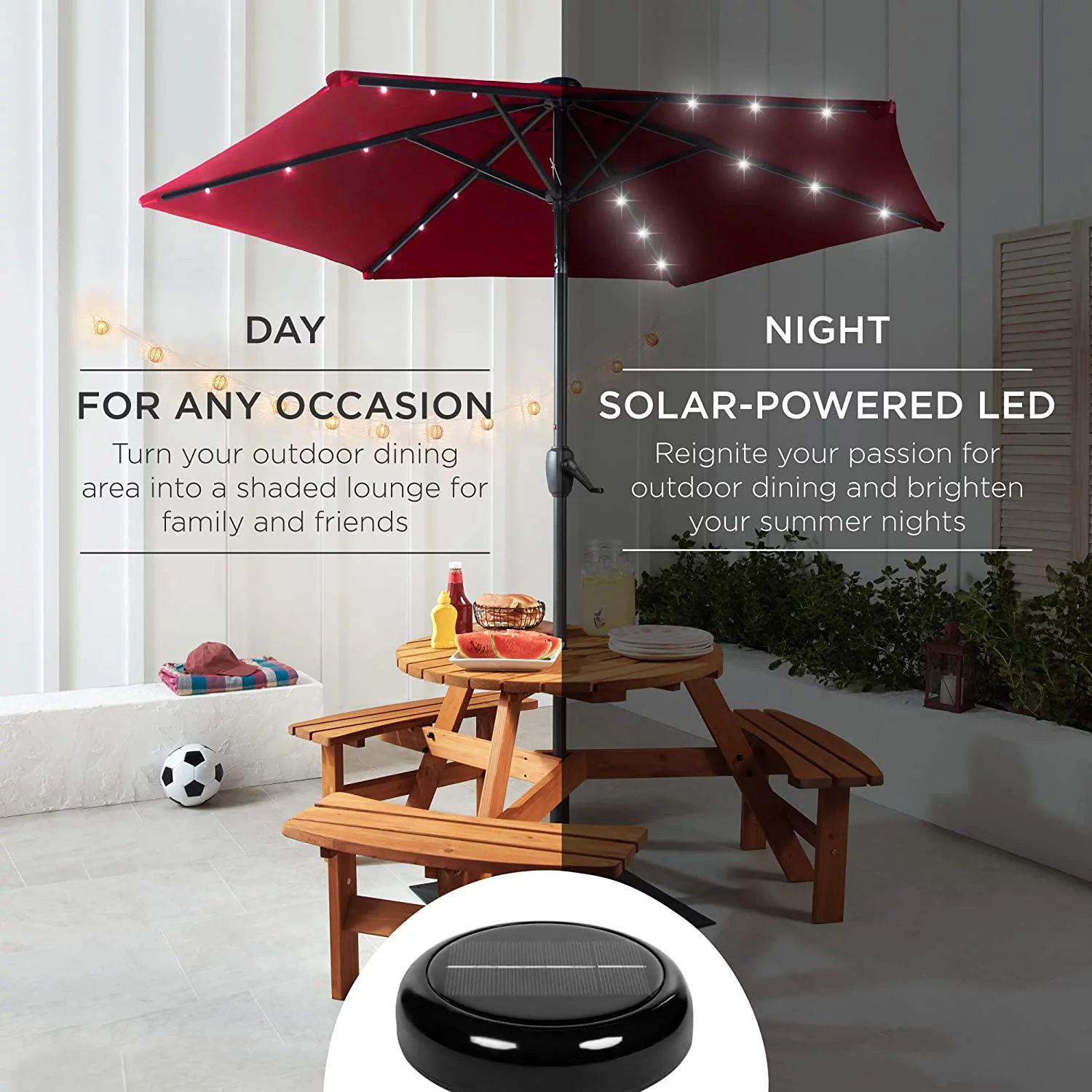 10ft Solar LED Offset Hanging Patio Umbrella - Tilt Adjustment, 8 Ribs, Burgundy