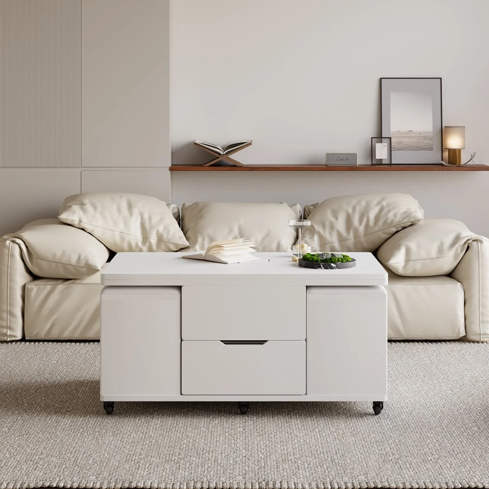 Homary Modern White Lift Top Coffee Table 4 in 1 with Storage Ottoman Foldable and Casters