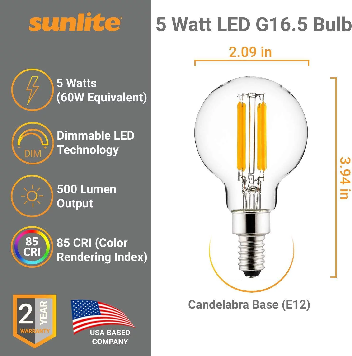 Sunlite LED G16.5 G16 1/2 Filament Style Globe Light Bulb, 5 Watts (60W Equivalent), Candelabra E12 Base, Dimmable, Clear, UL Listed, 3000K Warm White, 6-Pack
