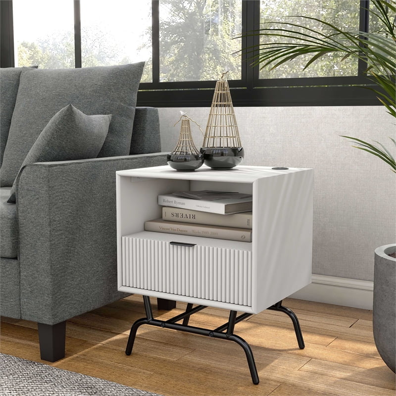 Bowery Hill Wood Storage End Table with USB Port in White Pure