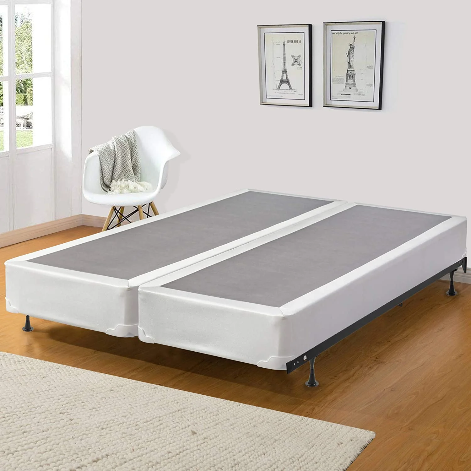 YANRUI Fully Assembled Split Wood Traditional Boxspring/Foundation for Mattress, King, Gray And White