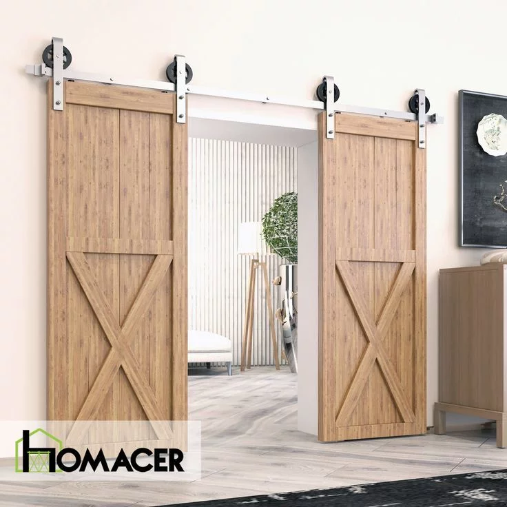 Homacer Brushed Nickel Sliding Barn Door Hardware Kit, for Two/Double Doors, 6.6ft Long Flat Track, Spoke Wheel Design Roller, Heavy Duty, for Interior & Exterior Use