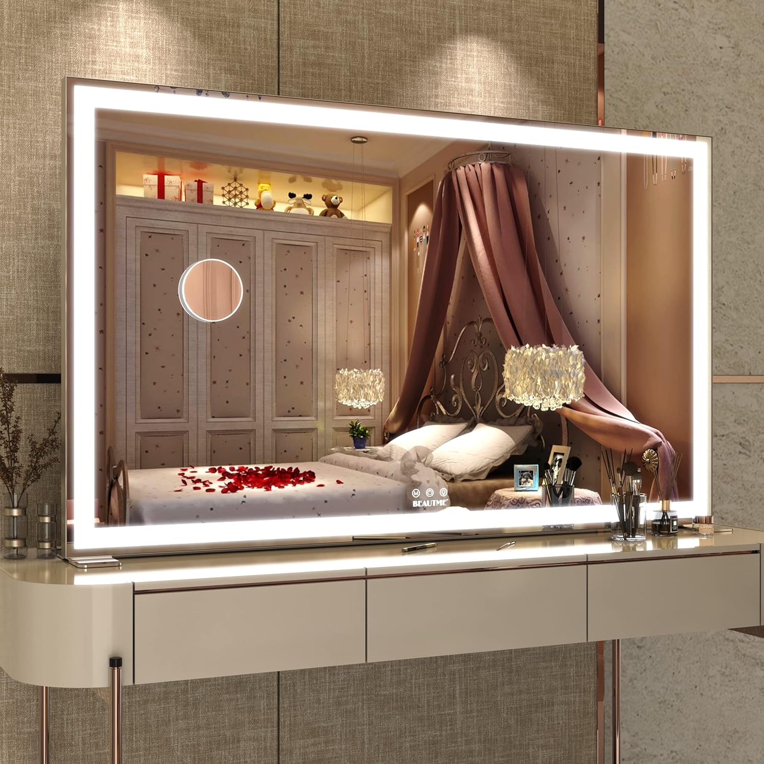 HYUN Large Vanity Mirror with Lights,40x24 inch Hollywood Mirror with Lights,Dressing Table Mirror with Lights for Bedroom,Attached with 1pcs Round 10X Cosmetic Mirrors,Silver