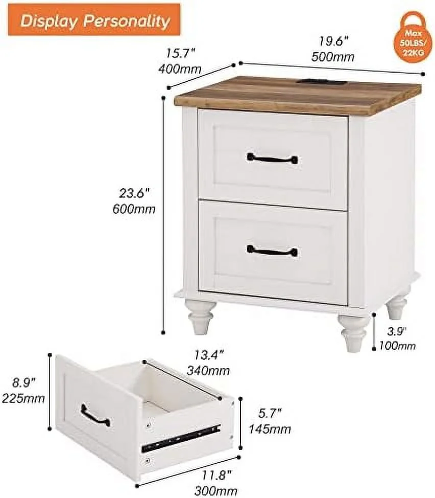 JDZHAPPYLIFE End Table with Charging Station  White Wood Nightstand with 2 Drawers  Sofa  with 2 Power Outlets & 2 USB Ports for Living Room  Mid Century Bedside Table for Bedroom