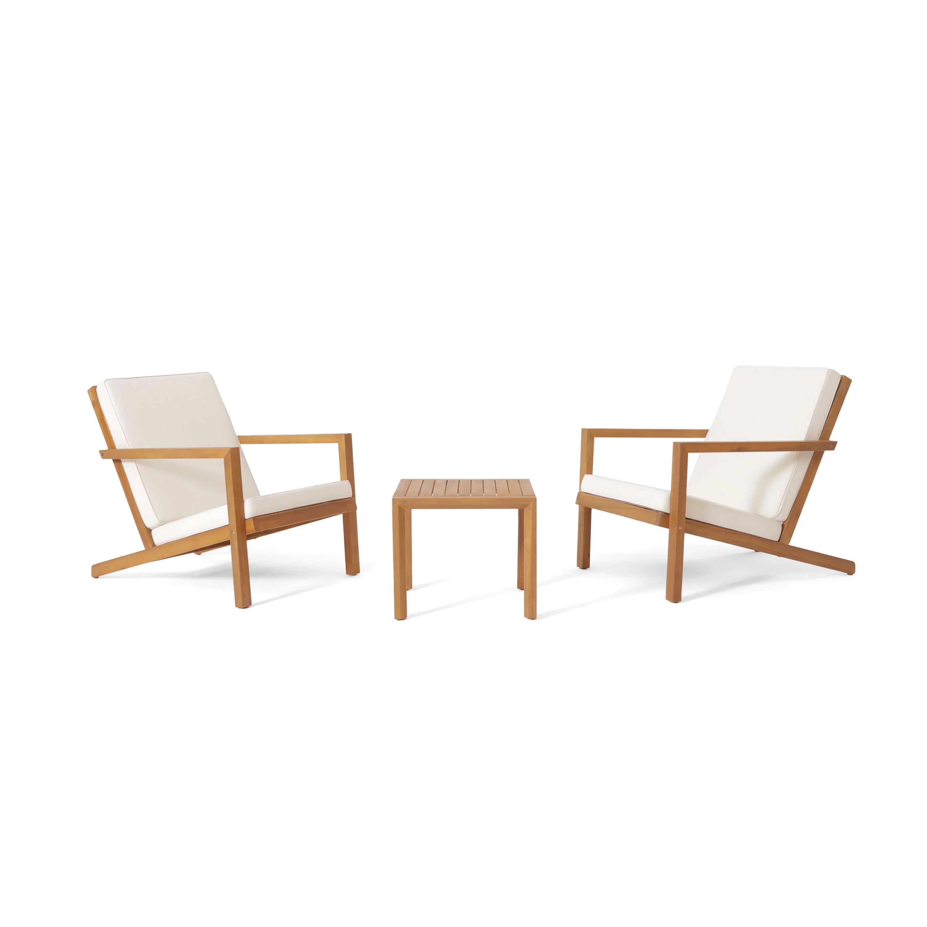 GDF Studio Ludwig Outdoor Acacia Wood 3 Piece Chat Set with Cushions, Teak and Cream
