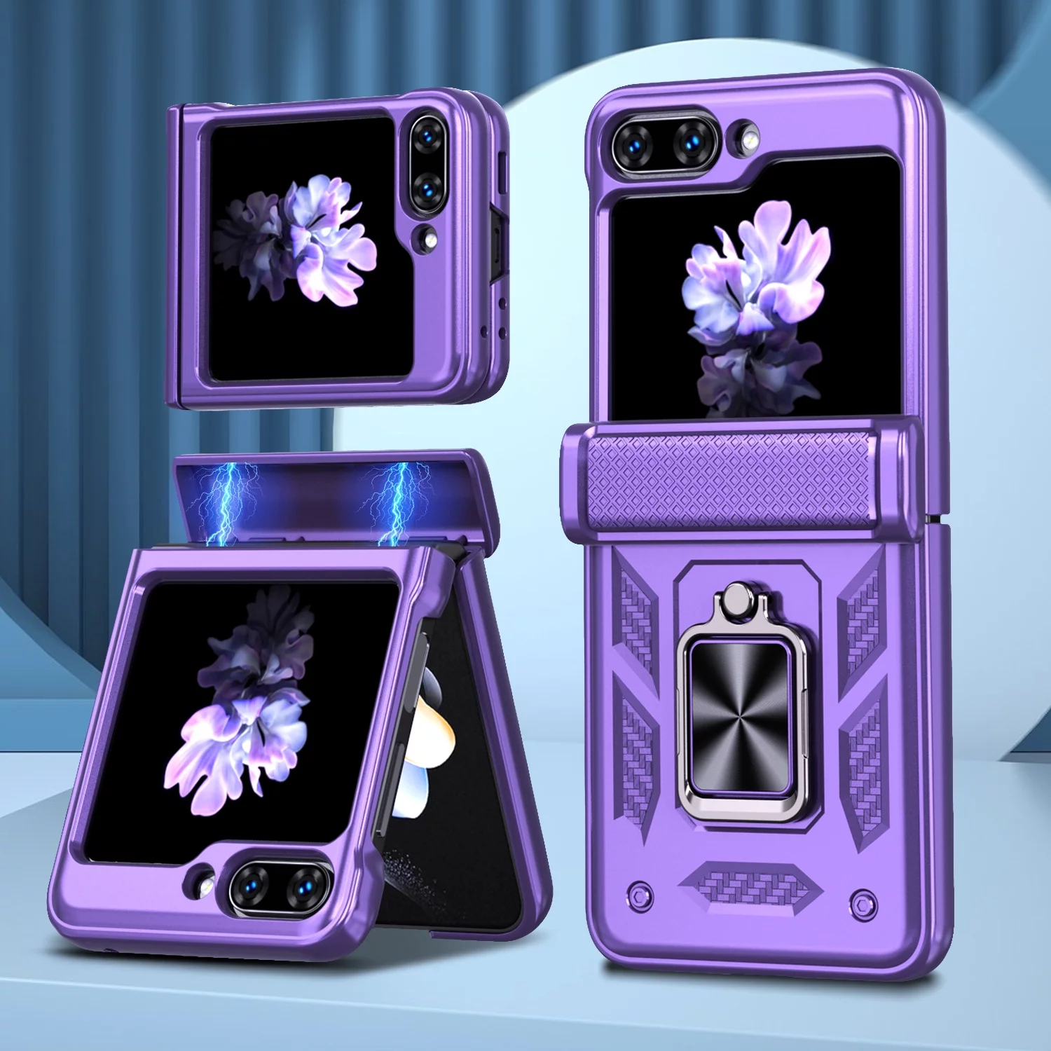 Feishell for Samsung Galaxy Z Flip5 Case with Magnetic Hinge Protection,Heavy Duty Military Drop 360 Rotatable Ring Kickstand Shockproof Armor Phone Case for Samsung Galaxy Z Flip5 2023,Purple