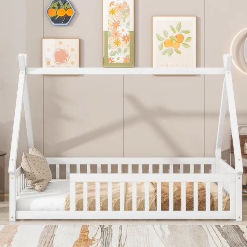 YLtoohoom Full Tent-shaped Floor Bed  with Guardrails  Slats  Door  Natural