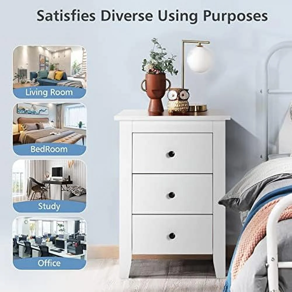 SQFGHB Nightstand   with 3 Drawers  Bedroom Side  Cabinet Wooden End Table Accent Table Solid Wood Legs (White  1 Pic)