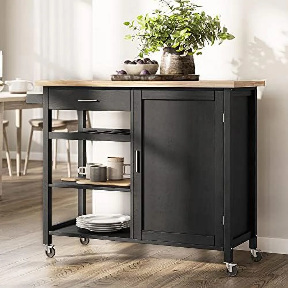 HYHBIBOOM Modern Rolling Kitchen Island Utility Cart with  Drawer   Cabinet  Handle Towel Rack  Rubber Wood Top  and Caster Wheels - Sonoma (Black)