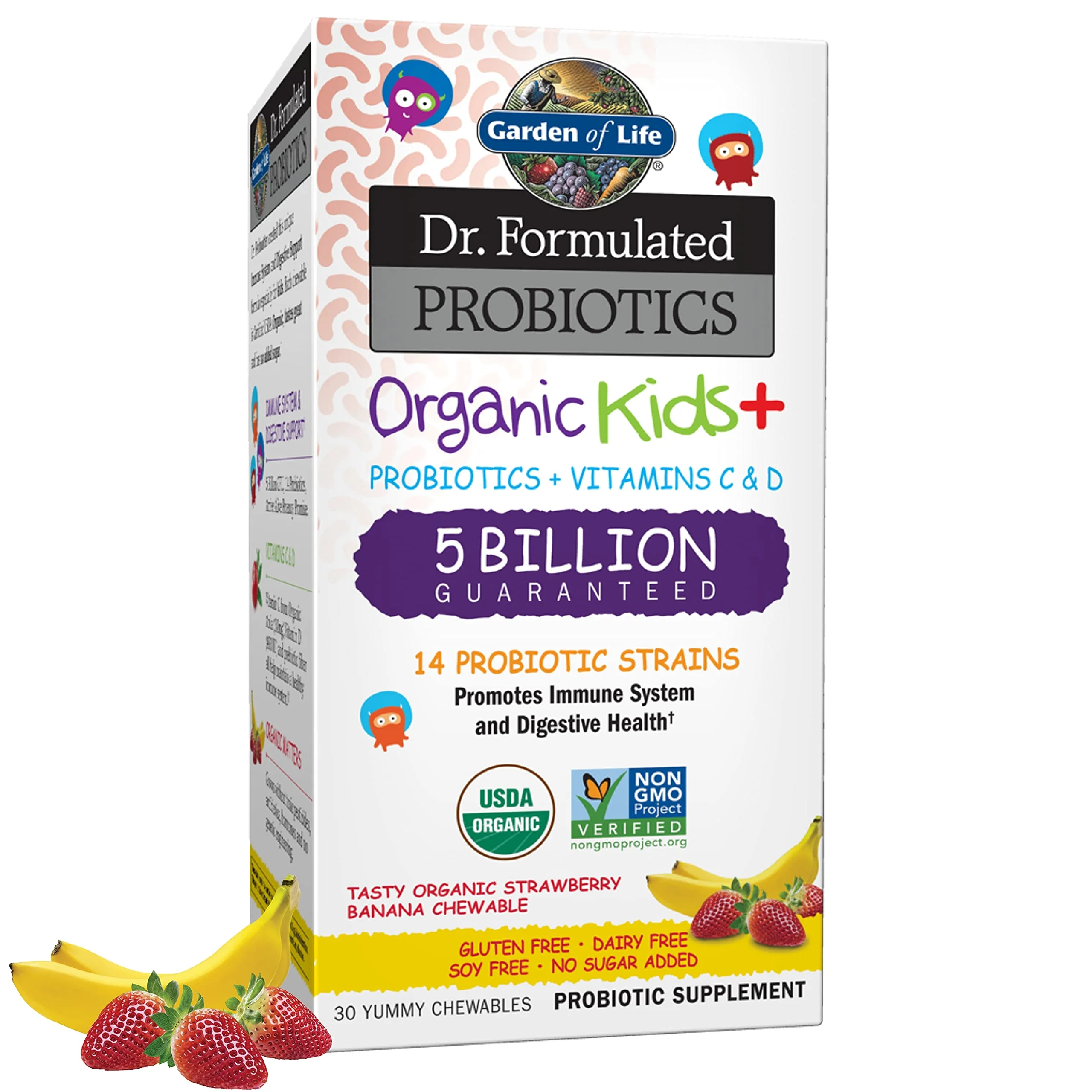 Garden of Life Dr. Formulated Probiotics Organic Kids+ Plus Vitamin C & D - Strawberry Banana., 5 Billion CFU Gluten Dairy & Soy Free Immune & Digestive Health Supplement, No Added Sugar, 30 Chewables