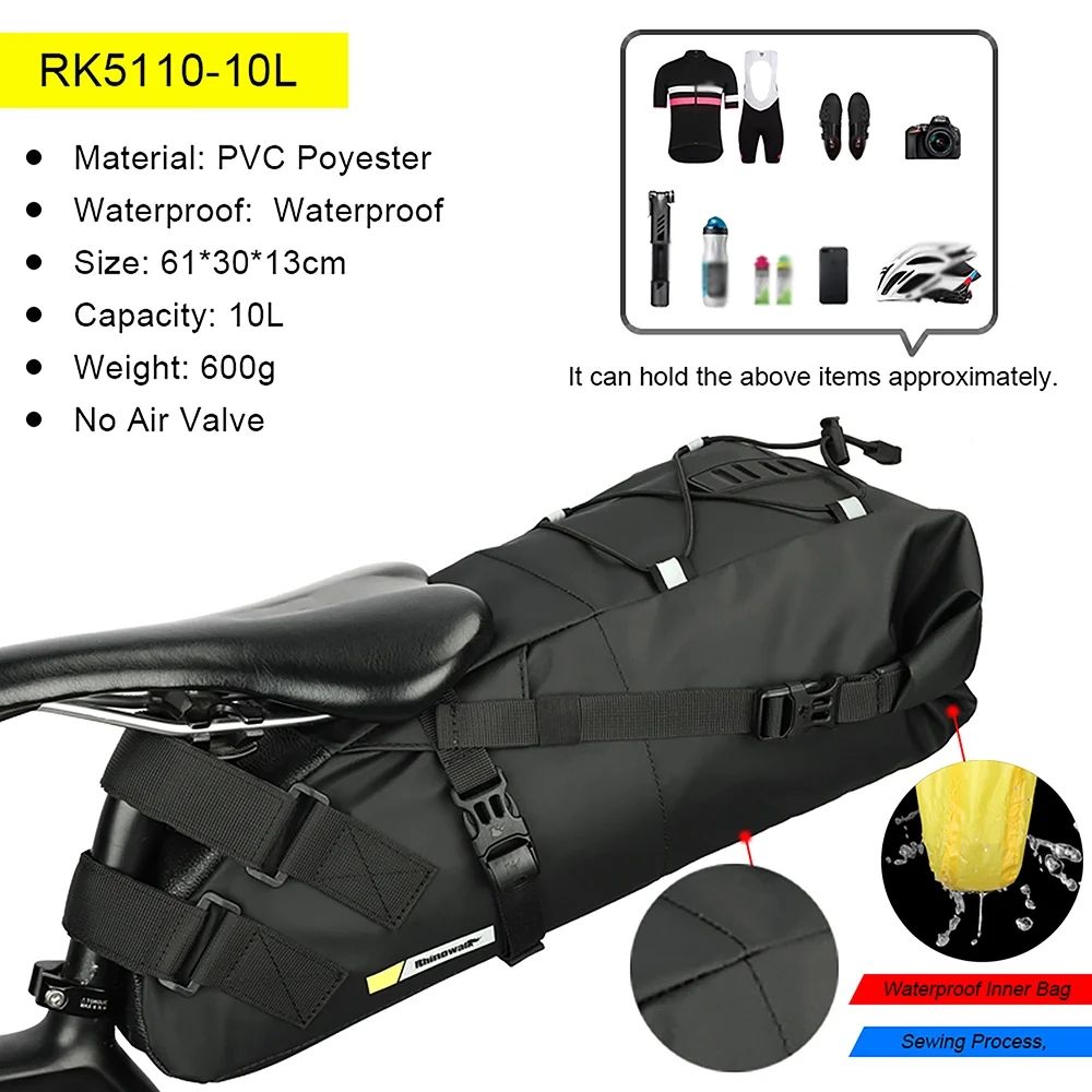 Rhinowalk Bike Bag, Waterproof Saddle Tube Bag, Large Capacity Cycle Storage, Quick Release Bike Accessories, for Under Seats