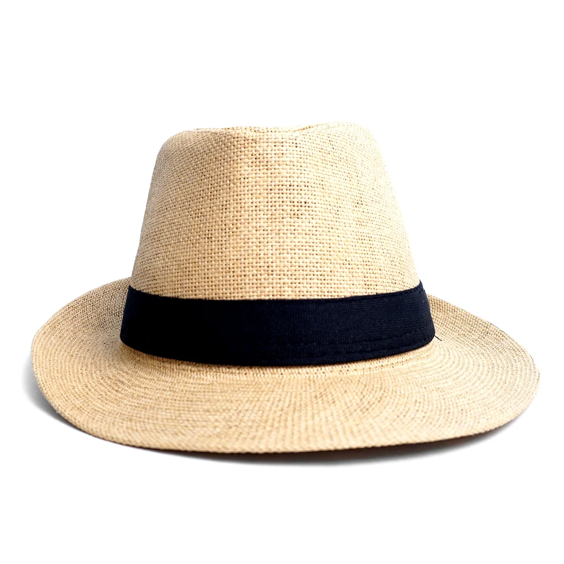 Mens Wide Brim Straw Colored Panama Hat with a Wide Black Band, Size L/XL