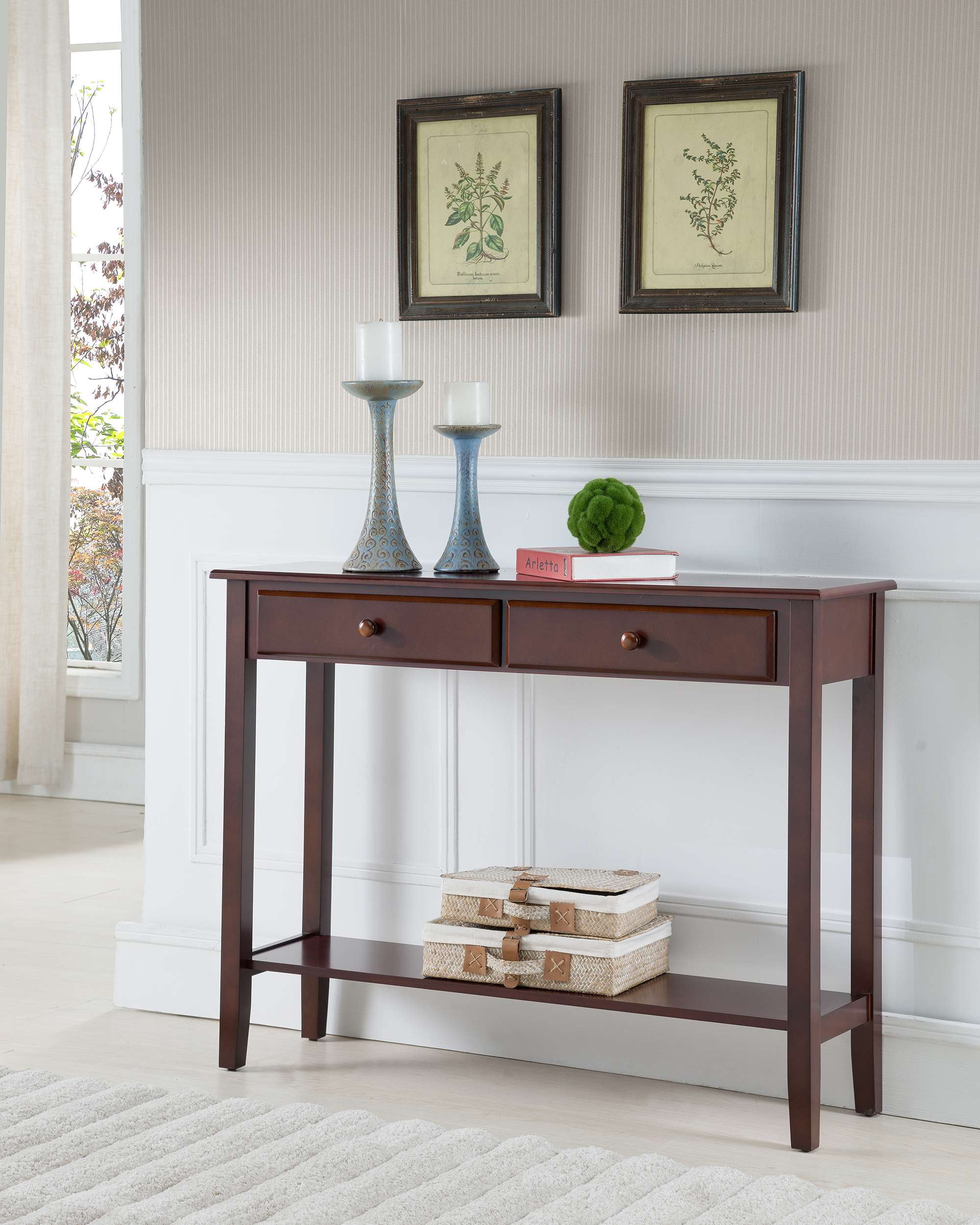 Kings Brand Furniture Wood Console Entryway Table with 2 Slim Drawers & Lower Shelf, Walnut