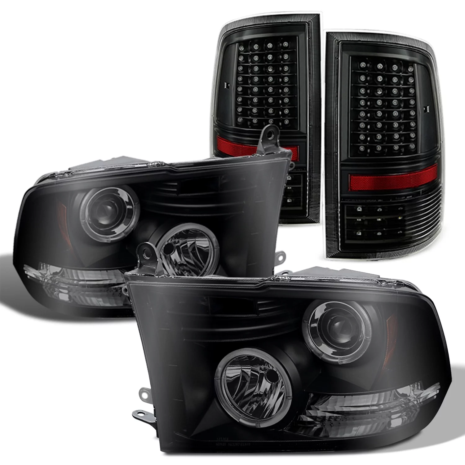 AKKON - Fits 2009-2018 Dodge Ram LED Dual Halo Projector Smoked Headlights & LED Tail Lamps [Black Housing]