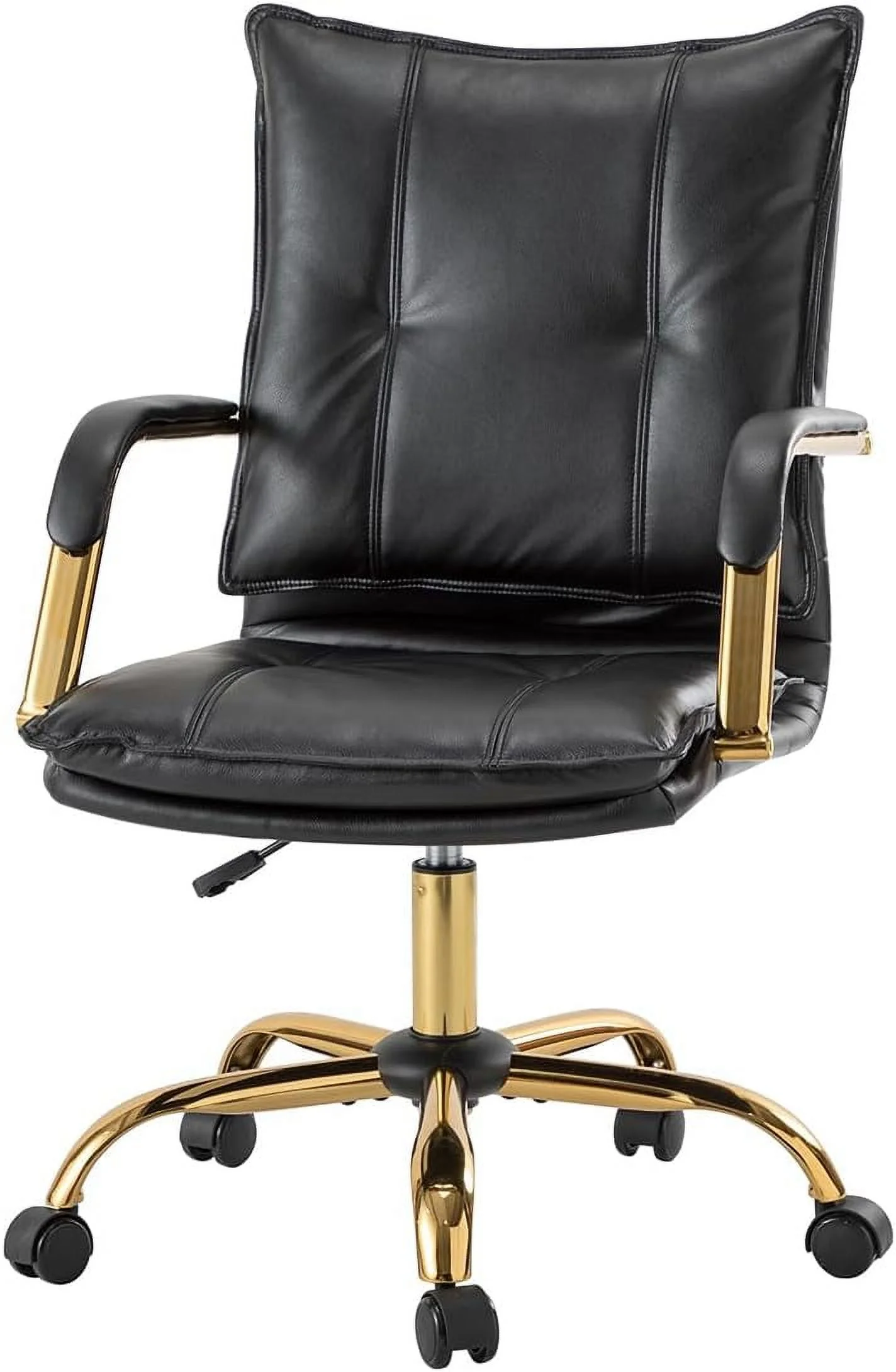 YiSHOP Faux Leather Home Office Desk Chair, Adjustable Swivel Computer Chair with Golden Legs and Arms, Comfy Upholstered Task Chair,Black