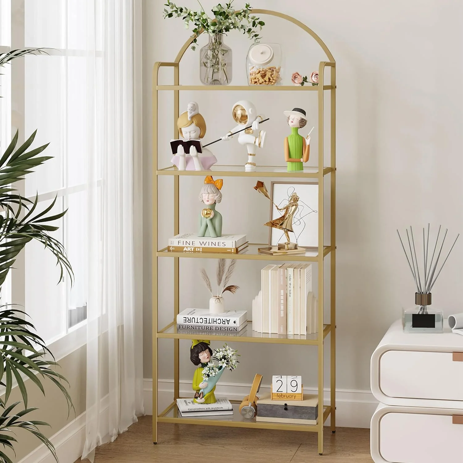 Gold Tempered Glass 5-Tier Bookshelf - Slim Shelving Unit for Bedroom, Bathroom, Home Office