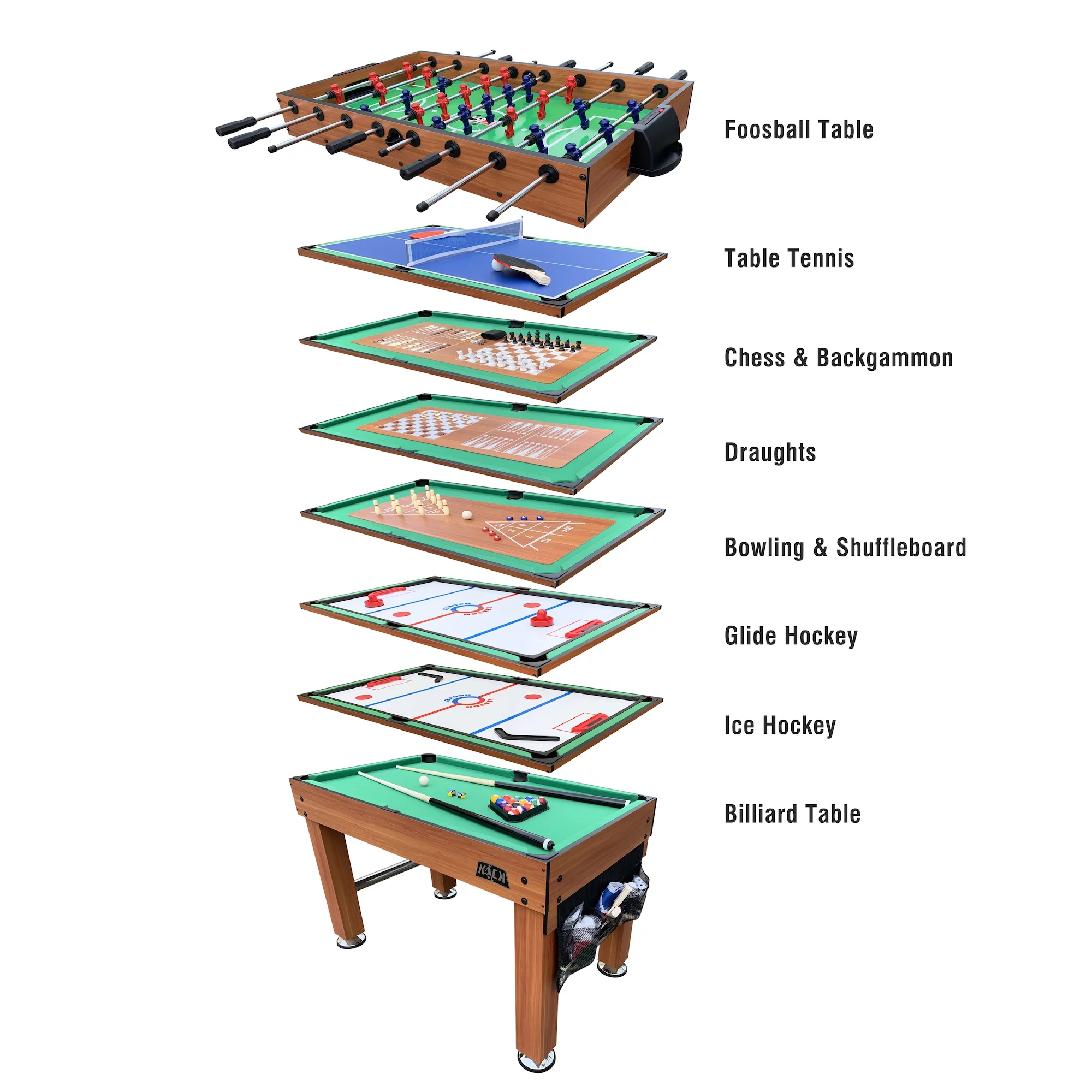 KICK Decagon 55″ 10-in-1 Multi-Game Table (Brown) - Combo Game Table Set - Foosball, Billiards, Glide Hockey, Ice Hockey, Table Tennis, Chess, Backgammon, Draughts, Bowling and Shuffleboard for Home