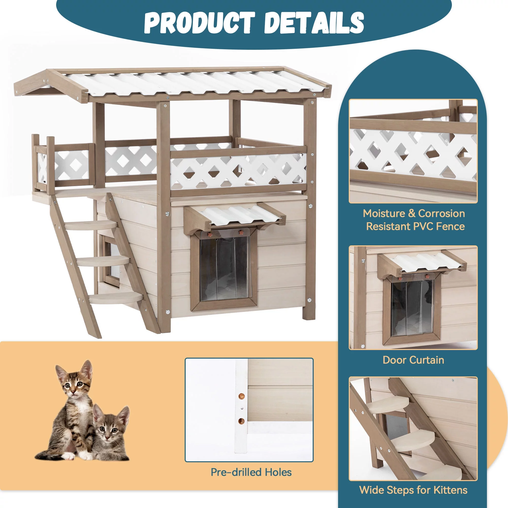 Euroco 2-Story Cat House with Balcony Wood Kitty Shelter Two Floor, Outdoor Cat Condo with Stairs, View Door