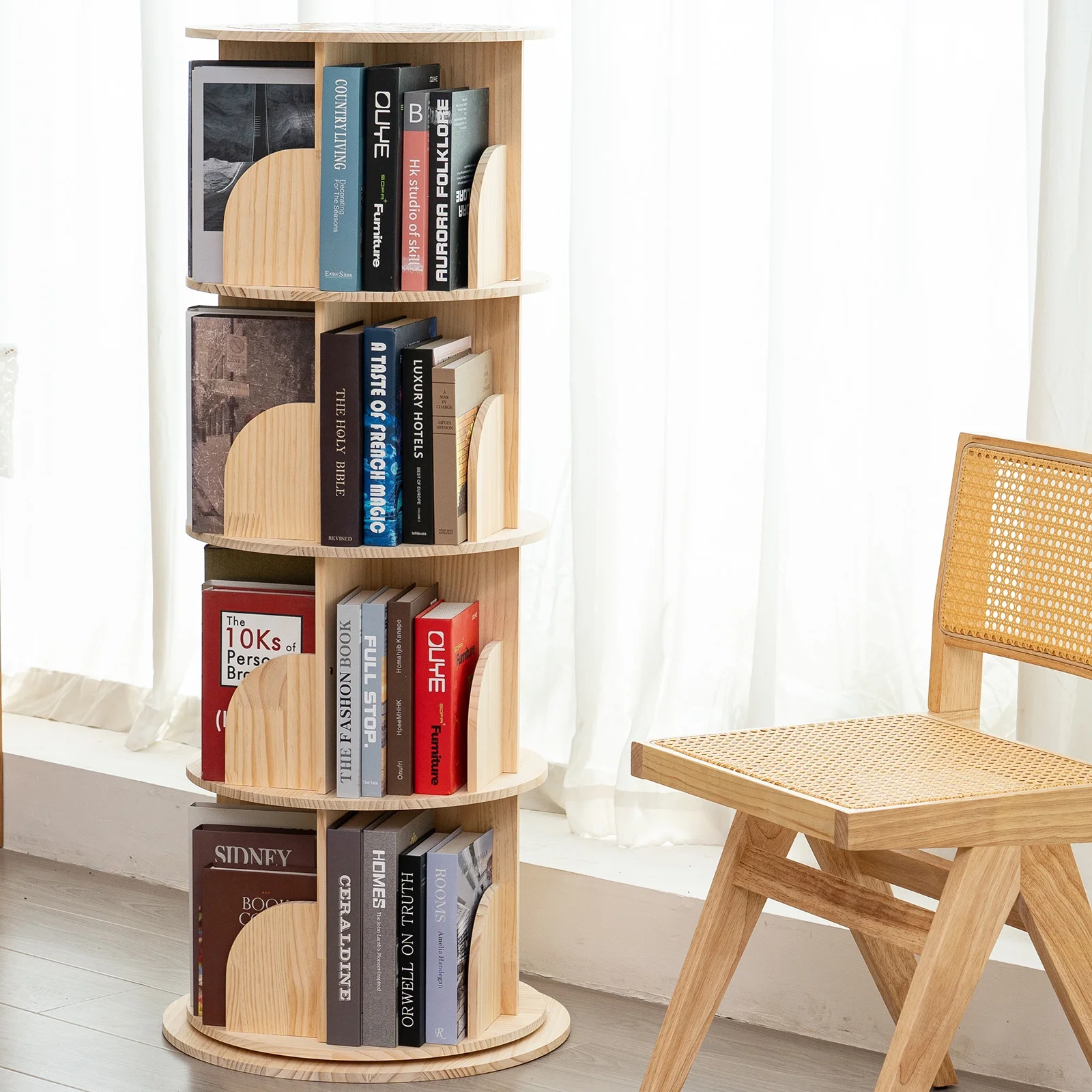 Duoku 360° Rotating Bookshelf Tower, 4-Tier Bookcase for Kids & Adults - Solid Wood Corner Shelf