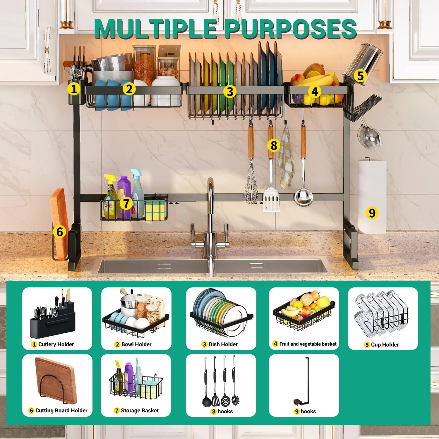 ADBIU Over The Sink Dish Drying Rack (Expandable Height and Length) Snap-On Design 2 Tier Large Dish Rack Stainless Steel (24