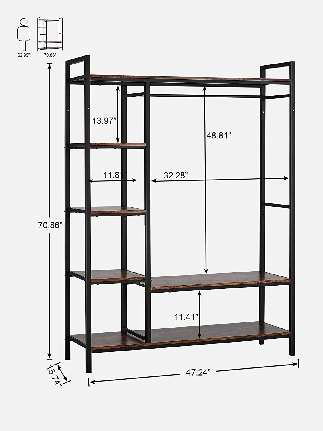 Homfa Clothes Rack, 47.24'' Wardrobe Closet, Freestanding Garment Rack with Shelves, Brown