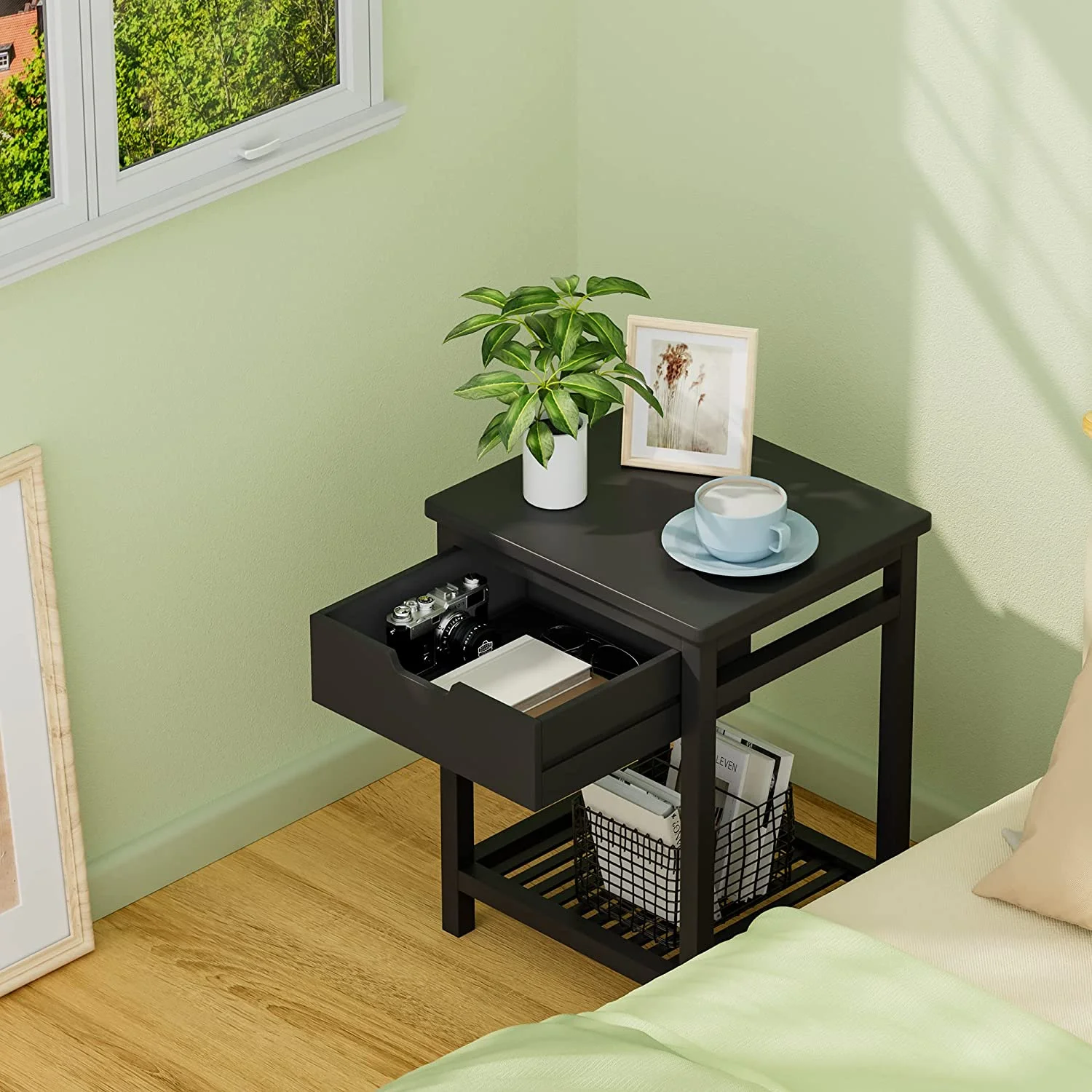 Nightstand with Drawer, Bamboo, Nightstand, Small Cabinet Black-