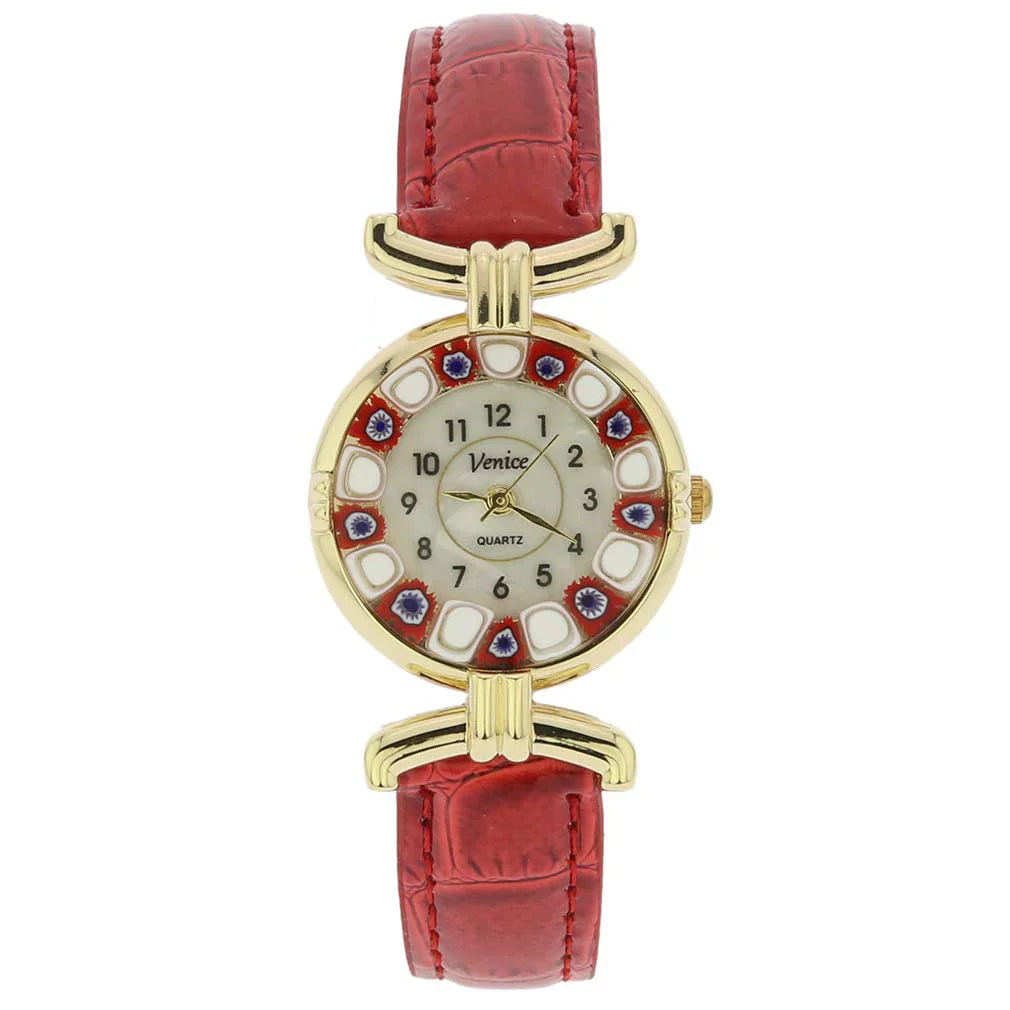 GlassOfVenice Murano Glass Millefiori Watch with Leather Band - Red