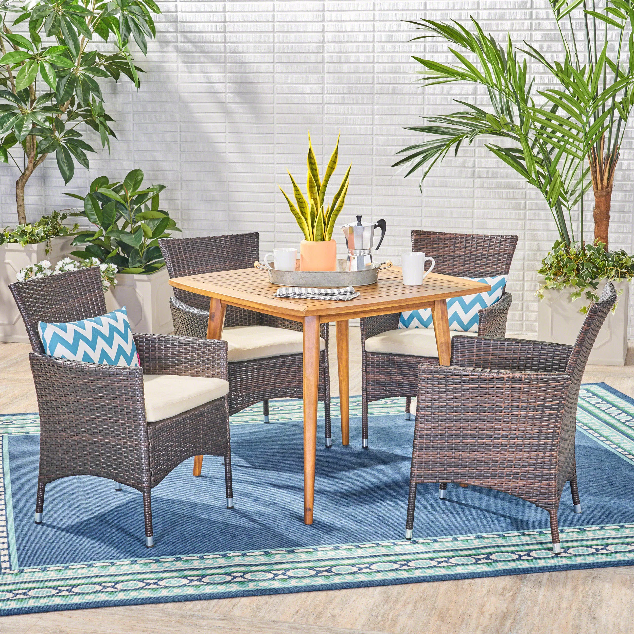 GDF Studio Balmoral Outdoor Acacia Wood and Wicker 5 Piece Dining Set with Cushions, Multibrown, Teak, and Beige