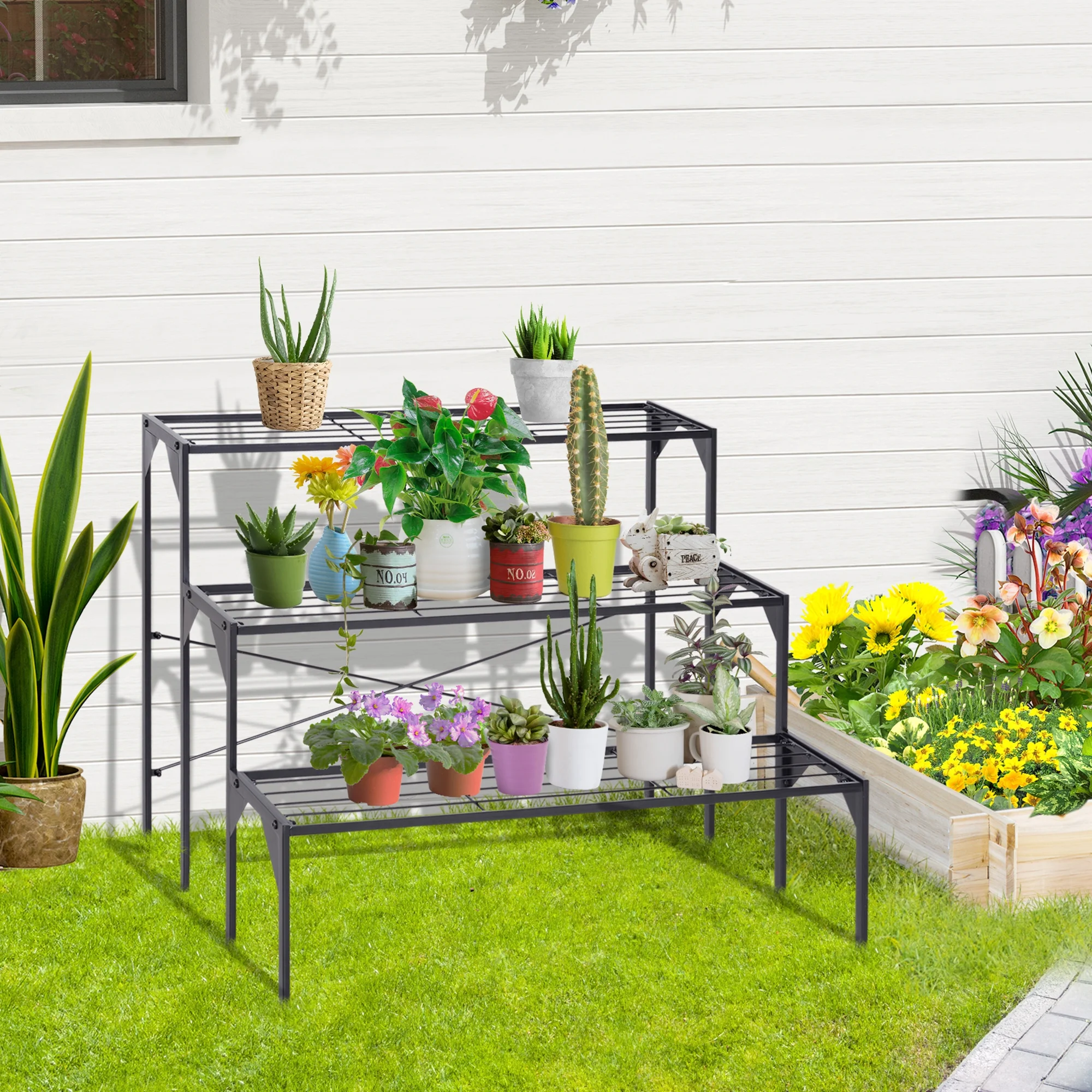 Outsunny Outdoor Plant Stand, 3 Tier Flower Stand, Metal Plant Shelf for Indoor Home & Outdoor Patio Balcony Yard Use