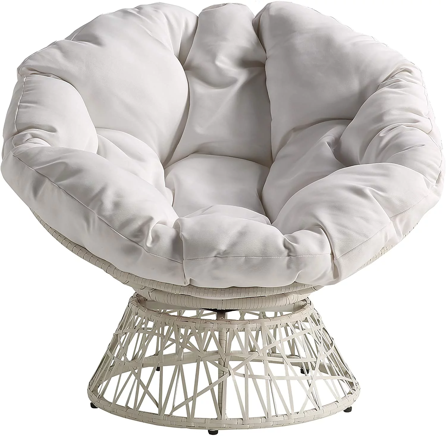 HYUN Wicker Papasan Chair with 360-Degree Swivel, White Frame with White Cushion