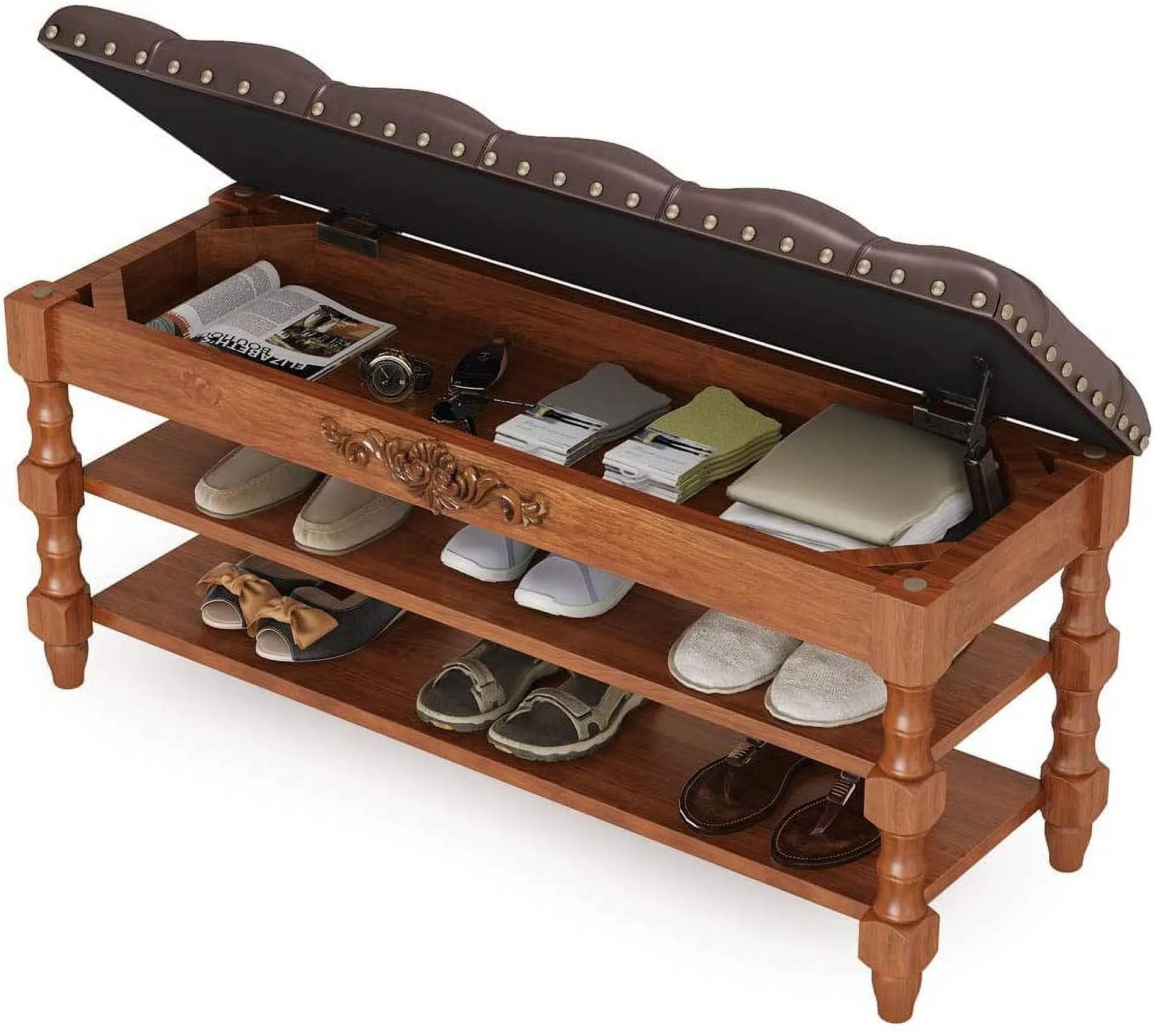 Tribesigns Shoe Bench Entryway, Solid Wood Storage Foyer Bench 2-Tier Shoe Rack Bench with Lift Top Seating Tufted Leather Cushion