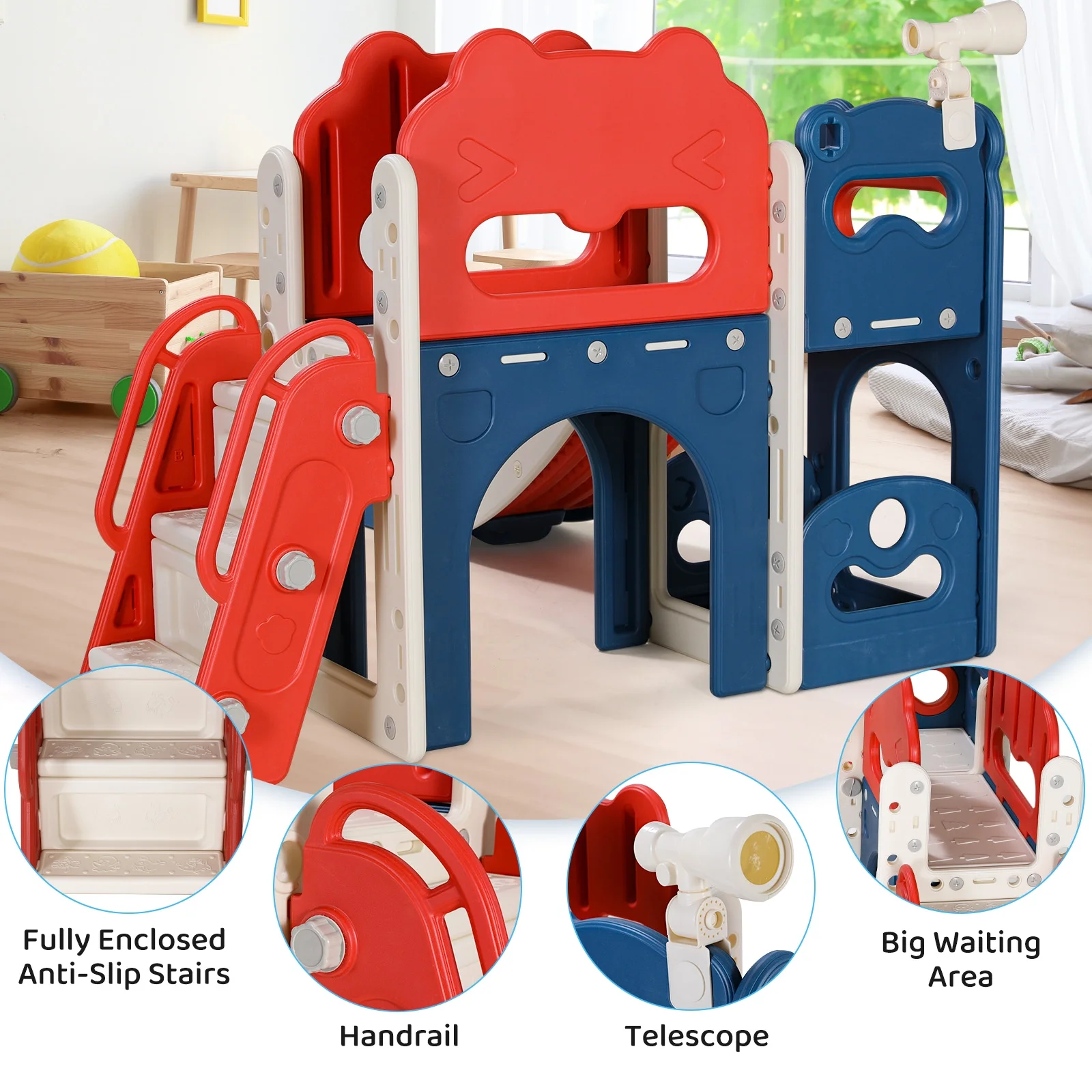 Pirecart 8 in 1 Kids Slide Set, Toddler Climber Slide Play Set With Basketabll Hoop, Tunnel, Telescope and Ball