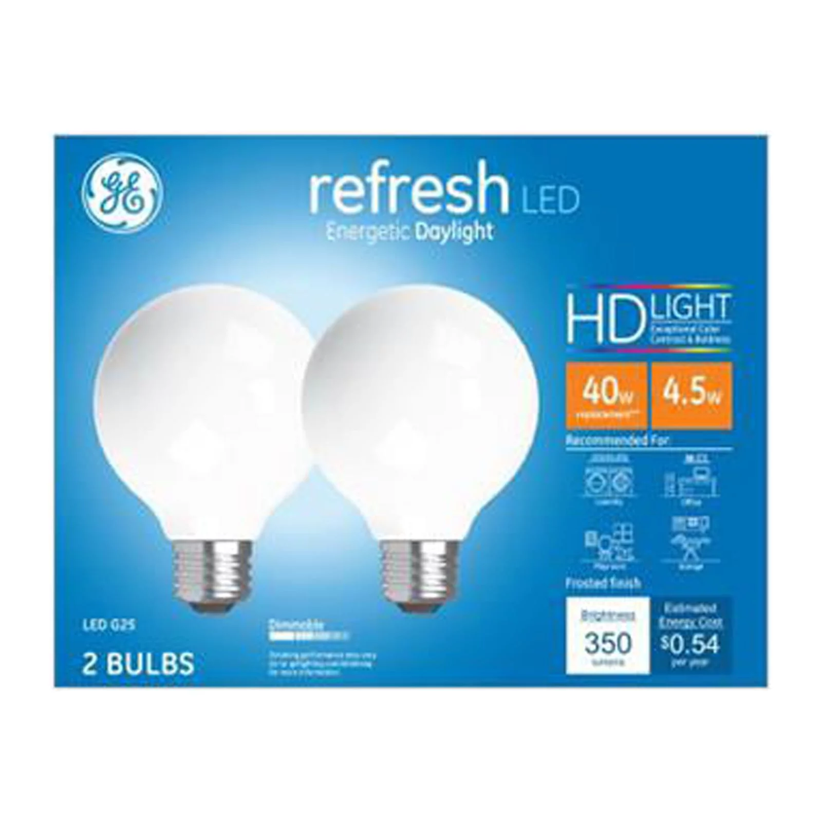 GE 2-Pack 4.5-Watt Refresh LED Energetic Daylight G25 HD Light Bulbs