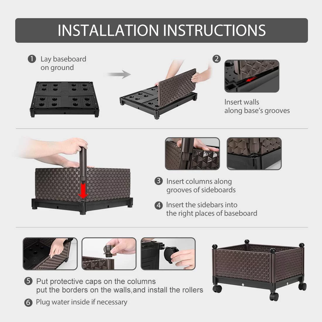 Elevated Plastic Wheeled Raised Garden Bed Planter Kit for Flower Vegetable Grow Brown Set of 4
