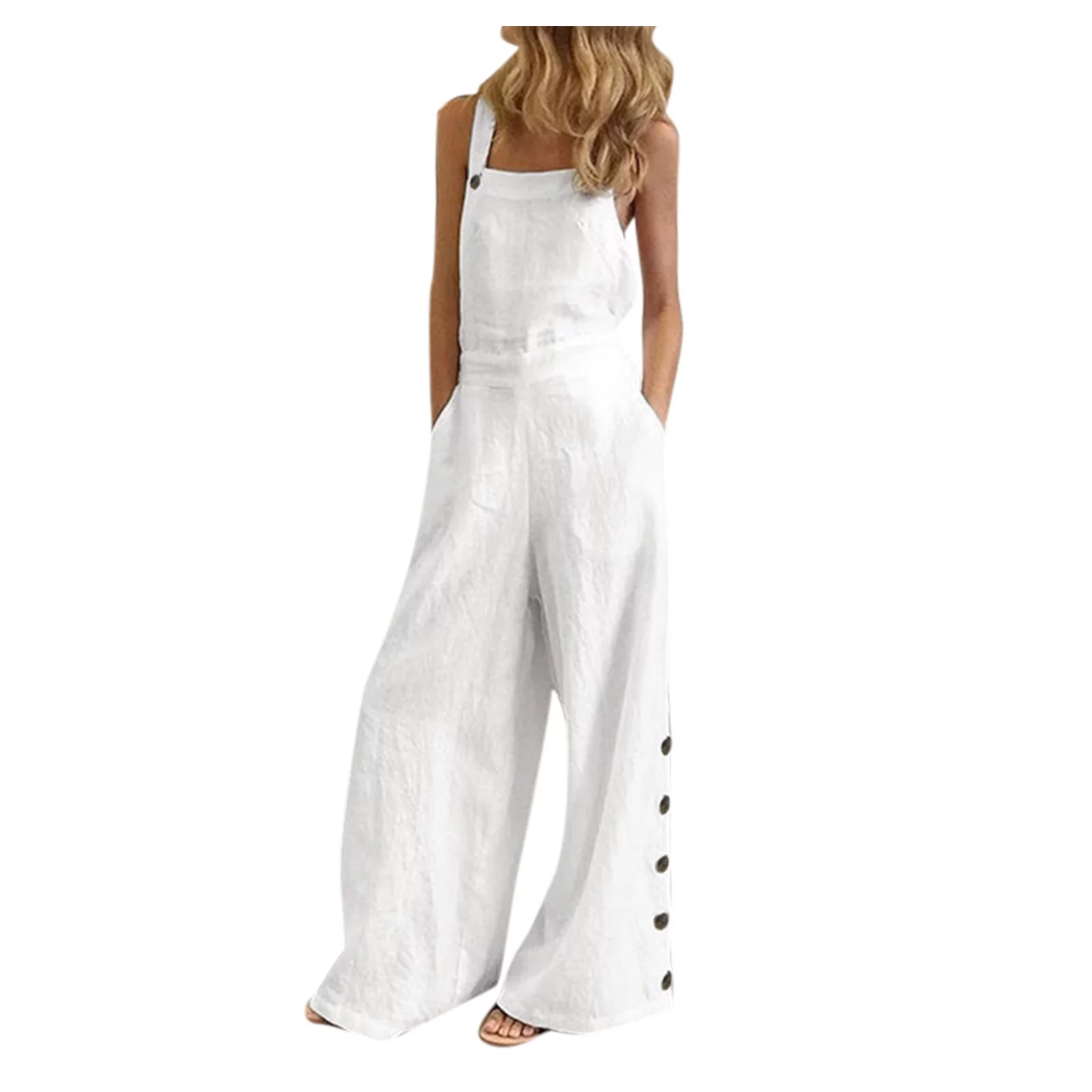 Follure Casual Jumpsuits Romper for Women Sleeveless Solid Summer Wide Leg Bib Pants Overalls