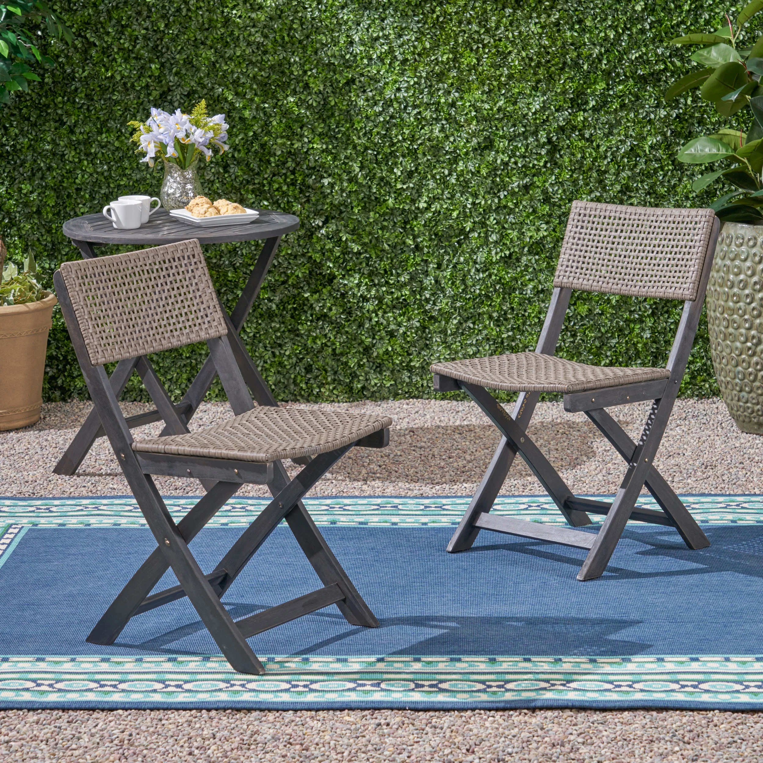 MIDODO 2 Piece Outdoor Folding Patio Set, Acacia Wood Patio Chairs with  Woven Seating Bistro Chairs for Indoors and Outdoors, Backyard, Pool