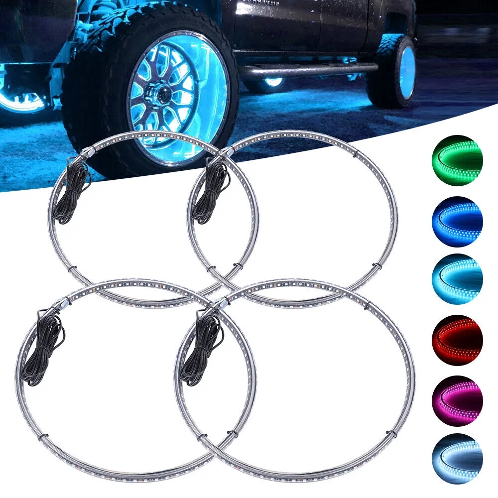 SHZICMY 4Pcs RGB Double Row LED Wheel Ring Lights Color Rim Lights Bluetooth Truck 17.5 inch