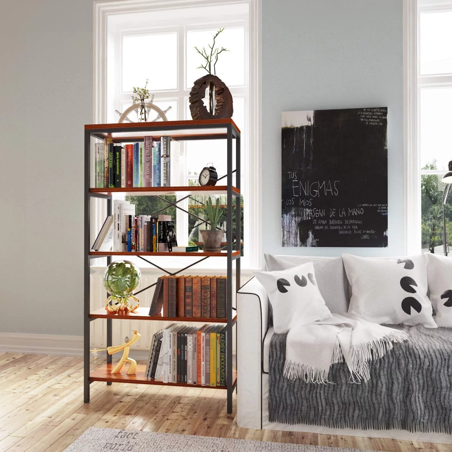 Bookshelf, 5-Tier Industrial Bookshelves, Wood and Metal Bookcase, Free Standing Storage Vintage Bookshelf for Living Room, Bedroom and Home Office, Rustic Brown